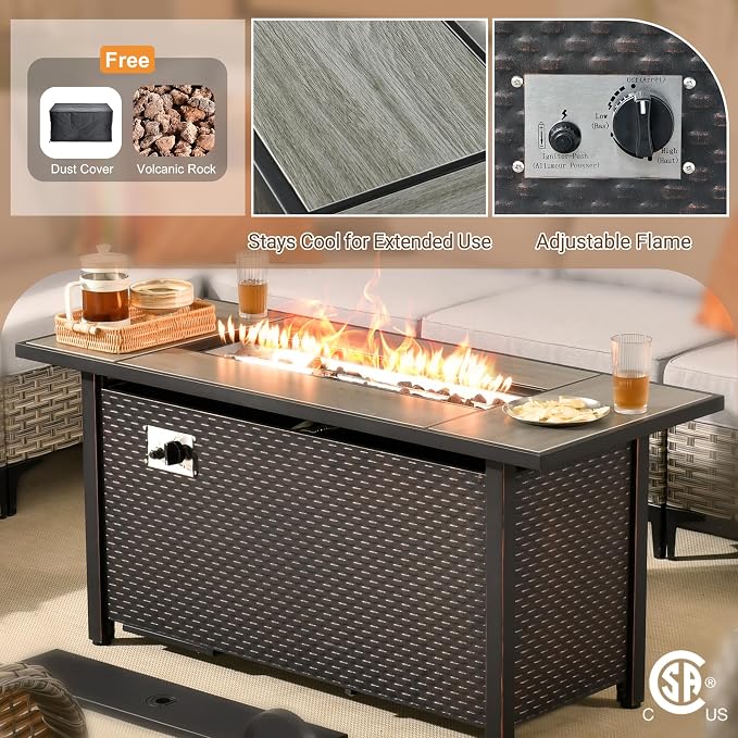 Outdoor Sectional Patio Furniture Set with Fire Pit Table,11 Pieces Rattan Wicker Conversation Sets L Shaped Couch,Out Door Furniture with Swivel Chairs Glowing Coffee Table,Orange Red