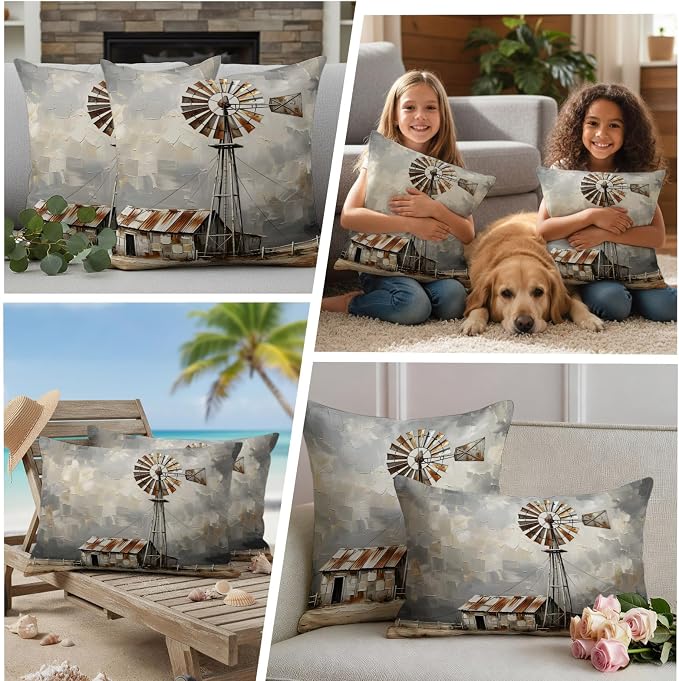 Gray Rustic Windmill Outdoor Pillow Covers 26"x26" Set of 2, Farmhouse Country Barn Oil Painting Waterproof Throw Pillow Covers for Patio Furniture, Decorative Cushion Covers for Porch