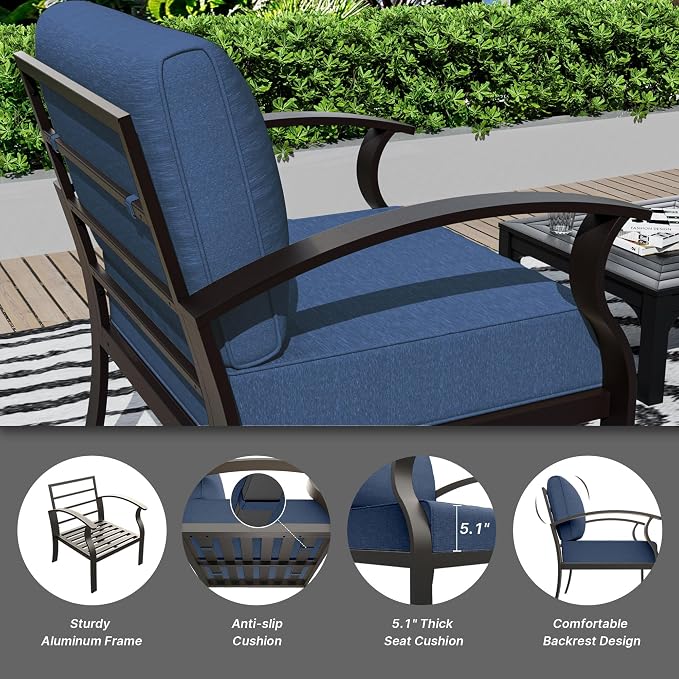 Gotland Aluminum Patio Furniture Set with Fire Pit Table, Metal Patio Furniture with 12 Seats Waterproof 5.1'' Seat Cushions, Oversized Outdoor Sectional Conversation Sets for Balcony Porch Navy