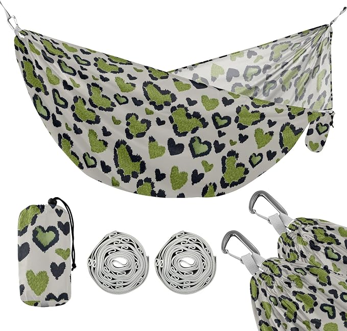 Camping Hammock Outdoor Hammocks for Outside Green Heart Leopard Beach Trees Portable Lightweight with Pockets Tree Straps Indoor