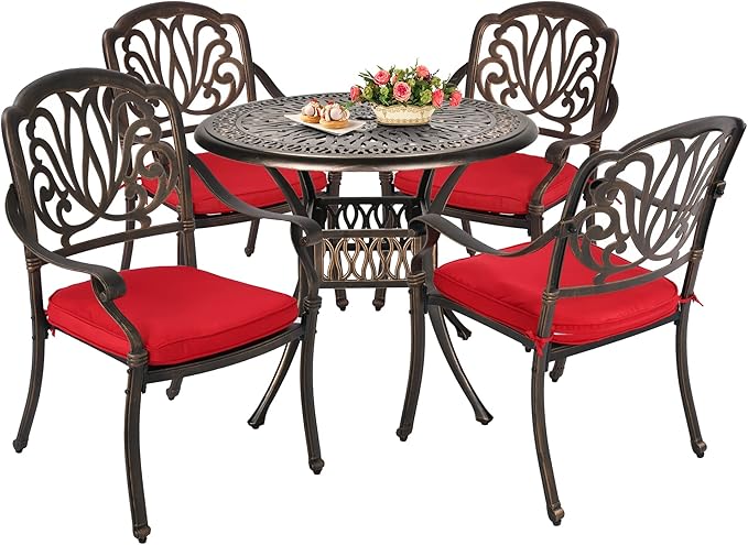 Grepatio 5 Piece Outdoor Dining Set Cast Aluminum Patio Dining Set Table and Chairs Outside Furniture 4 Chairs and 1 Umbrella Hole Table for Lawn Garden Patio (Red)