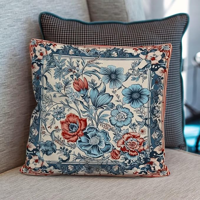 Pillowcase Chinoiserie Tree Peony Bird Cushion Cases Modern Floral Coral Turquoise Navy Pillow Cover Accent Farmhouse Decor Pillow for Patio Furniture Garden 16x16 in