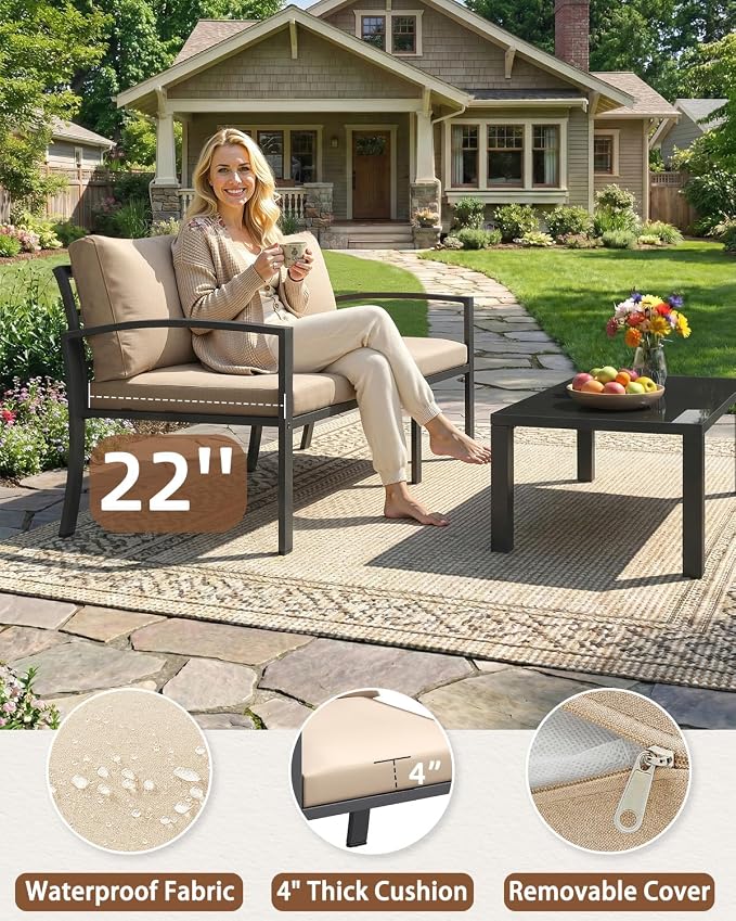 U-MAX Aluminum Patio Furniture Set 7 Seats, Modern Outdoor Furniture Clearance with Coffee Table & Side Table, Metal Patio Conversation Sets with Deep Cushions for Lawn, Garden, Porch, Beige