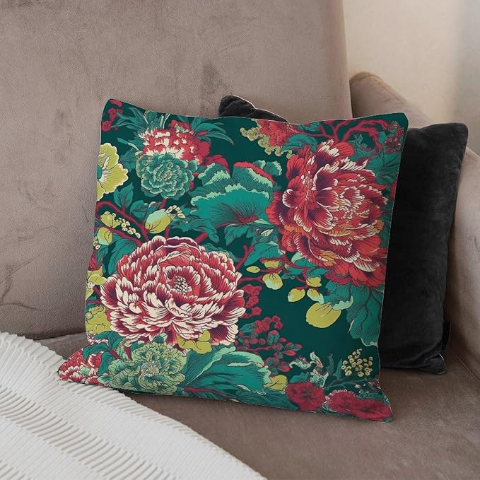 Pillow Cover Chinoiserie Red Peony Floral Pillowcase Modern Green and Pink Pillow Cover Accent Farmhouse Decor Pillow for Patio Furniture Garden 24x24 in