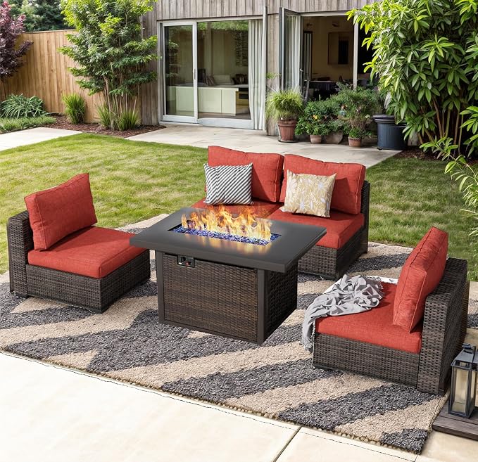 Outdoor Sectional Furniture, 5 Piece Patio Furniture Set with 42-inch Fire Wicker Propane Fire Pit Table - All Weather Wicker Rattan Couch Sofa Conversation Set for Backyard Lawn Poolside Deck, Red