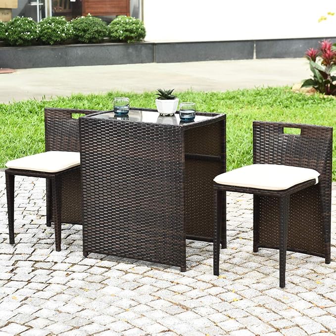 HAPPYGRILL 3 Pieces Wicker Patio Bistro Set, Outdoor Rattan Dining Set, Patio Furniture Set with Cushions for Yard Deck Garden Poolside
