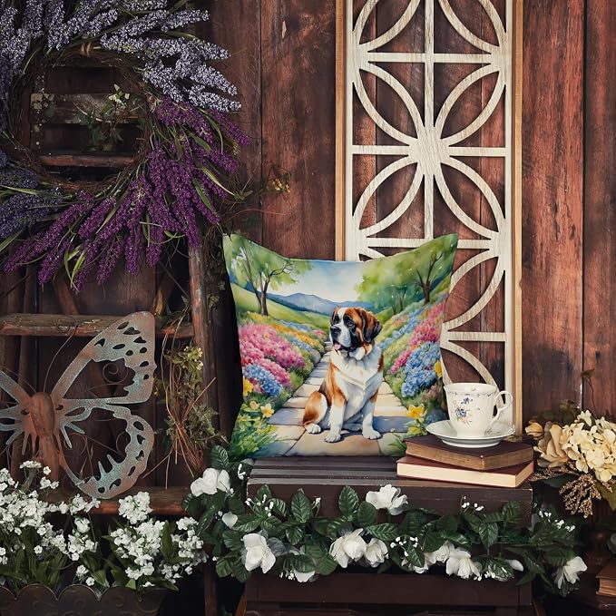 Caroline's Treasures Saint Bernard Spring Path Throw Pillow Machine Washable, Indoor Outdoor Decorative Pillow for Couch, Bed or Patio, 18Hx18W