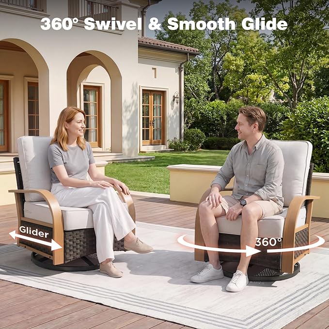 Belord 4 Piece Patio Furniture Set with 6-Inch Thick Cushions, Outdoor Swivel Chairs Set with Ottomans,Wicker Rocker Patio Chairs, All-Weather Wicker Conversation Set for Garden Porch, Wood & Beige