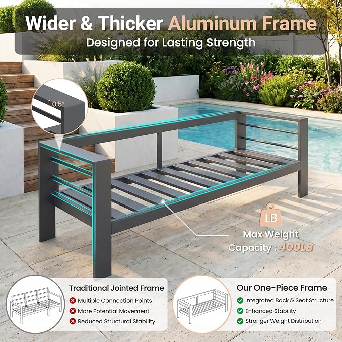 Solaste Aluminum Outdoor Patio Furniture Set, 7 Seats Patio Sectional Sofa with 5" Thick Cushion, Outdoor Patio Set with Coffee Table for Porch, Backyard, Deck, Yard, Grey
