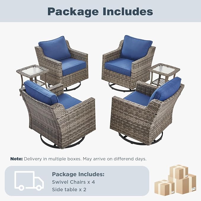 Belord Patio Wicker Swivel Rocker Patio Chairs with Side Table, Outdoor Rattan Chairs for Deck Porch Garden, 6 Piece Luxury Patio Furniture Set, Blue