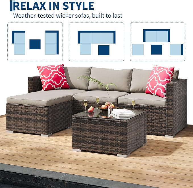 5-Piece Outdoor Sectional Sofa Set, All-Weather PE Rattan Patio Furniture with Ottoman & Tempered Glass Table, Convertible Garden Couch for Backyard, Porch, Poolside (Brown/Light Gray)
