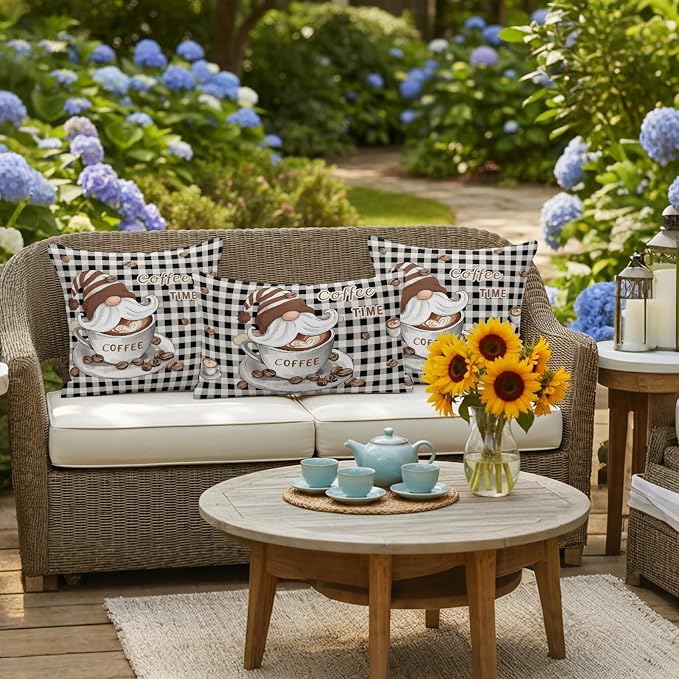 Coffee Gnomes Outdoor Pillow Covers 24x24 Inch Throw Pillow Covers Set of 2 Waterproof Decorative Pillow Cases Farmhouse Brown Bean Plaid Black Grey Cushion Covers for Patio Furniture Garden Couch