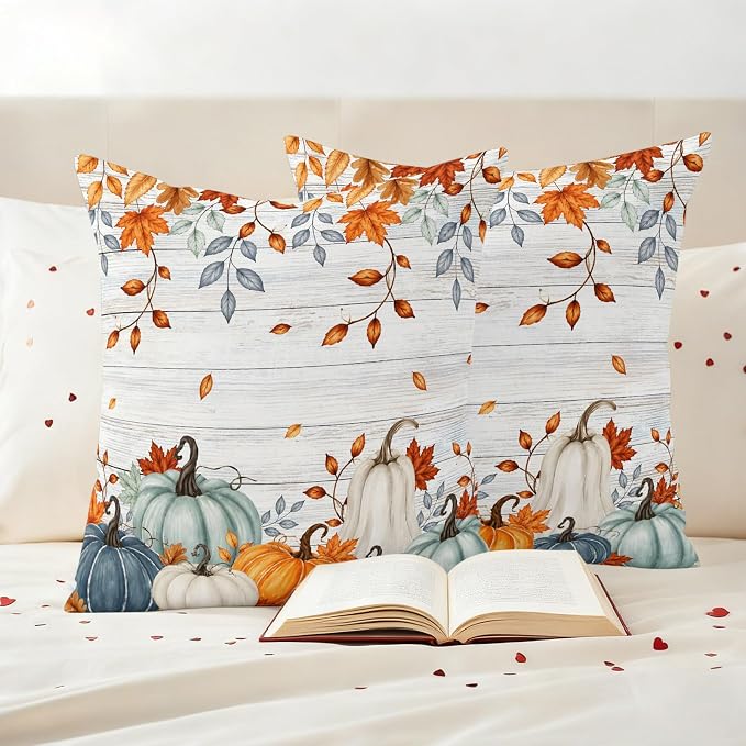 Fall Waterproof Outdoor Pillow Covers 16''x16'' Set of 2, Thanksgiving Maple Leaf Branch Vintage Wooden Patio Cushion Covers for Chairs,Decorative Blue Green Pumpkin Pillow Cases for Garden/Pool/Beach