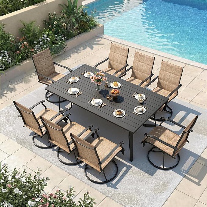 9 Pieces Patio Table and Chairs Set, 75.6" Metal Dining Table with Umbrella Hole,8 High Back Textilene Swivel Chairs,Dining Table Set for 8, Outdoor Furniture for Porch Deck Yard Balcony, Brown