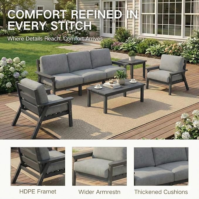 Kingdura HDPE Patio Furniture Set, 7 Piece Outdoor Sectional Sofa with Coffee Table & Side Table, All Weather Outdoor Couch Conversation Set with Washable Cushions for Backyard Poolside Balcony