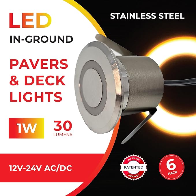 LUMENGY LED In-Ground Paver and Deck Light with Patented Ring Light Effect, 1W, 12V Low Voltage, IP67 Waterproof, for Decks, Driveways, Patios, Steps and Paver Surfaces, Stainless Steel Finish, 6-Pack