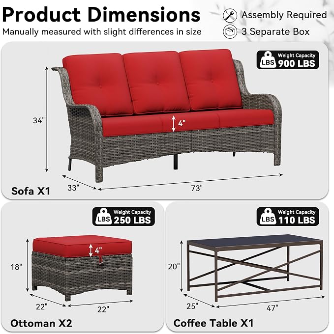 4-Piece Outdoor Couch Set, Includes Wicker Patio Sofa with Thickened Olefin Cushions, High Back and Deep Seating, Hand-Woven PE Rattan and 2 Ottomans, 1 Coffee Table for Porch, Deck