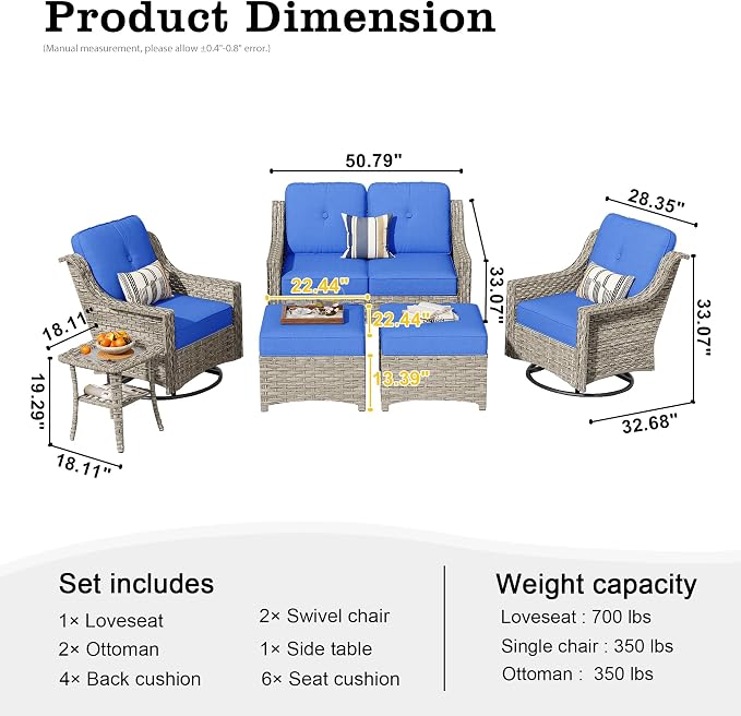 HOOOWOOO 6 Piece Patio Furniture Conversation Sets with Swivel Rocking Chairs,Outdoor Wicker Furniture with Ottoman,All Weather Resistant High Back Rattan Conversational Set(Navy Blue)
