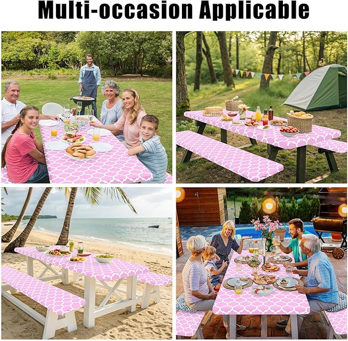 Smiry Picnic Table Cover with Bench Covers, Waterproof Elastic Fitted Tablecloth for 6 Foot Tables, Washable Polyester Tablecloths for Camping, Indoor & Outdoor (Pink, 30x72 Inch 3-pc Set)