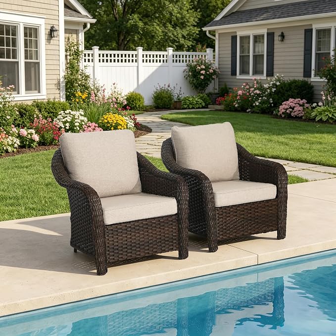 Outdoor Wicker Chair Set of 2, All-Weather Use Patio Rattan Chair with Seat and Back Cushion, Ideal for Porch, Backyard, Balcony, Poolside, Beige