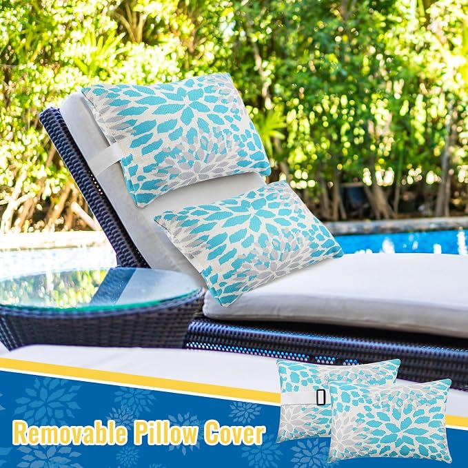 Juexica 2 Pack Chaise Lounge Pillow with Strap Outdoor Waterproof Beach Chair Neck Headrest Pillow Adjustable Elastic Band for Hammock Lumbar Recliner Pillows for Patio Pool Chair(Advanced Style)