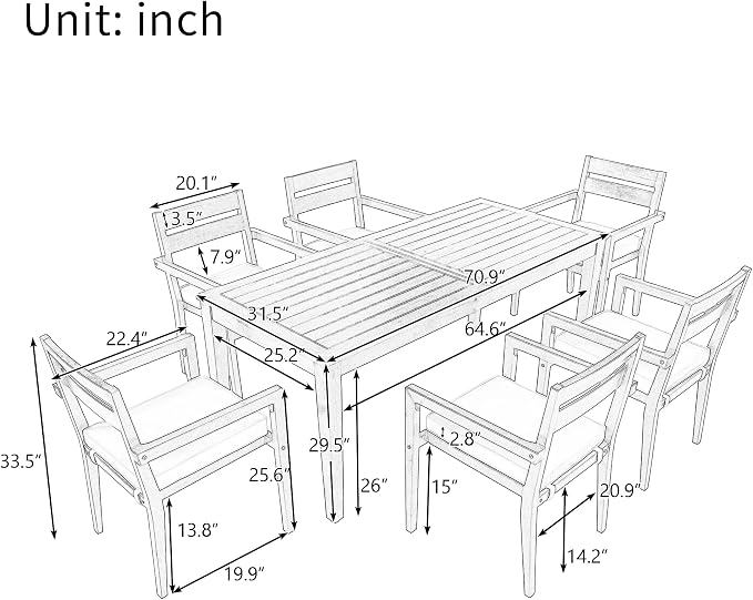7 Piece Patio Dining Set, 70.9" Rectangular Acacia Wood Outdoor Dining Table & 6 Dining Arm Chairs with Cushion, Suitable for Outdoors and Indoors (Grey@015)