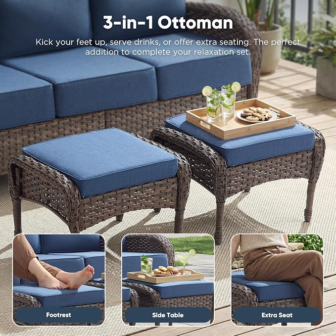 HUMMUH 4PCS Outdoor Swivel Rocker Patio Chairs with Ottomans,Luxury 6-inch Thick Cushion,High Back Patio Furniture Set,Wicker Conversation Set for Deck Yard and Poolside