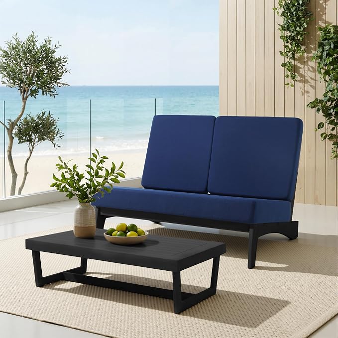 All Weather Patio Furniture Sets, 3 Pieces Black Wood Patio Loveseat Sofa Outdoor Sectional Futniture Backyard Conversation Set with Solid Wooden Coffee Table - Navy Blue