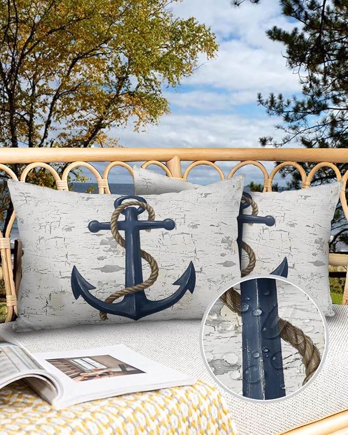 Outdoor Waterproof Throw Pillows 12x20in, Coastal Blue Anchor Patio Pillows Pack of 2,Decorative Pillow Covers with Insert,Pillow Cushion Case for Garden Couch Sofa Summer Nautical Theme Retro Style