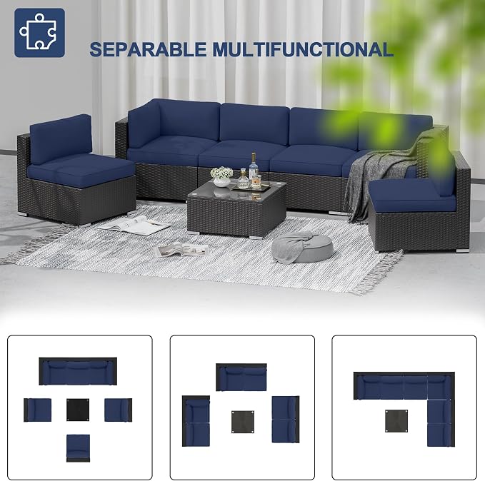 SUNCROWN 8-Piece Outdoor Patio Furniture Sofa Set All-Weather Wicker Sectional Conversation Set with Modern Glass Coffee Table, Cushions and Waterproof Cover, Dark Blue
