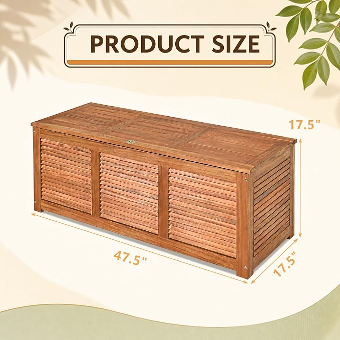 HOMGX Acacia Wood Deck Box with Teak Oil Finish, Sturdy Outdoor Storage Bench for Patio Garden Backyard, Versatile Patio Storage Box with Ventilated Slats & 355 lbs Capacity, 46 Gallon, Natural