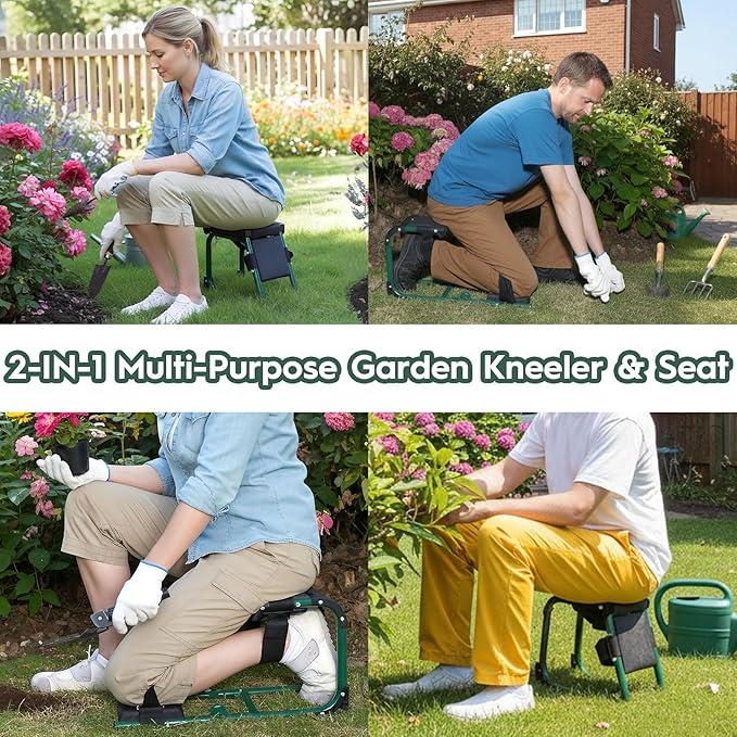 Garden Kneeler and Seat, Ergonomic 2-in-1 Foldable Knee Seat, Gardening Stool with Soft Adjustable Kneeling Pad, Gardening Gifts for Women Mom Men Seniors