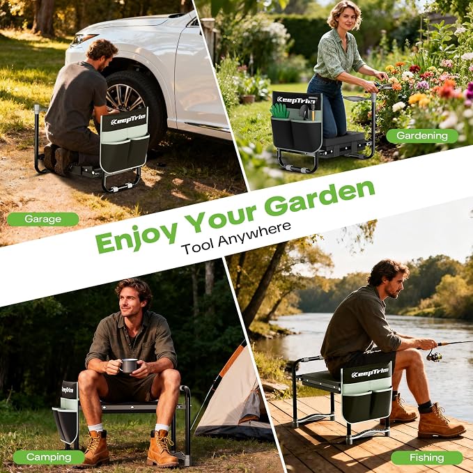 Garden Kneeler and Seat, Foldable Ergonomic Kneeling Bench with Tool Pouch 400 Lbs (Black)
