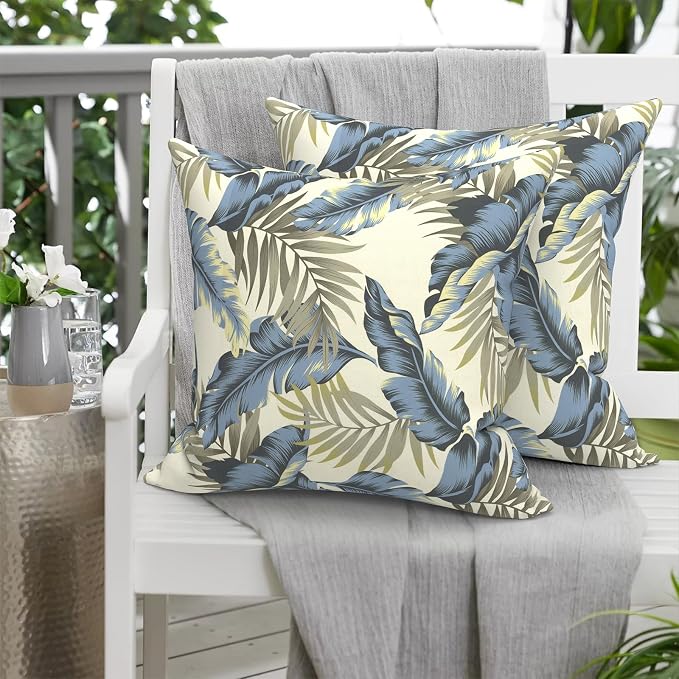 20x20 Inch Pack of 2 Patio Throw Pillow Covers ONLY, Water Repellent Cushion Cases, Square Pillowcases for Outdoor Couch Decoration, ‌Lush Palm Blue