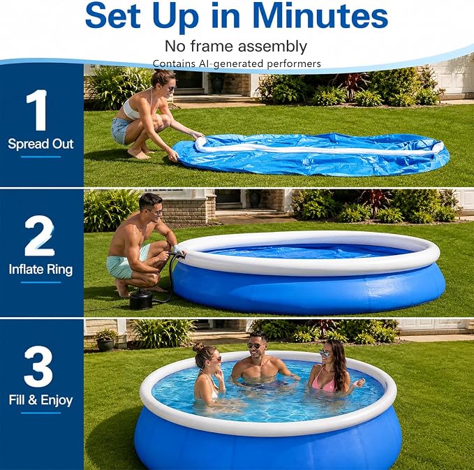 8 Ft Inflatable Swimming Pool for Family, Round Blow Up Pool for Adults, Garden/Lawn, Foldable Storage,Strong and Durable, No Assembly