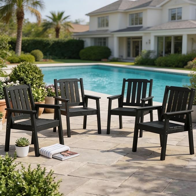 GarveeLife Outdoor Dining Chairs Set of 4, HDPE Patio Chairs 650LBS Capacity All-Weather Yard Armchair with Slatted Seat, 23.9" Wide Heavy Duty Modern Backyard Furniture for Garden, Poolside, Deck