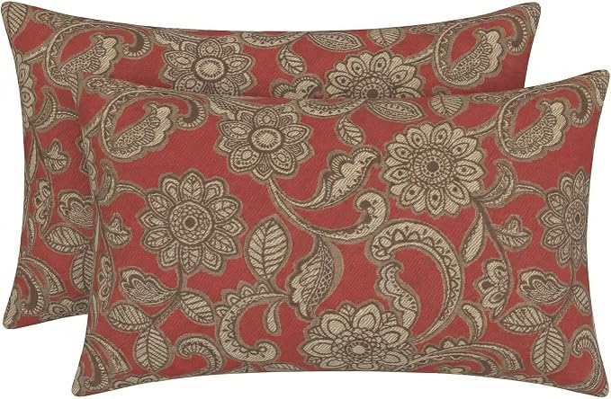 RSH DECOR: Outdura Jumbo Lumbar Pillows Set of 2 | 26" x 16" | Water and Fade-Resistant Performance Fabric | Outdoor Pillow Covers with Down-Alternative Inserts | Made in USA (Veranda Crimson)