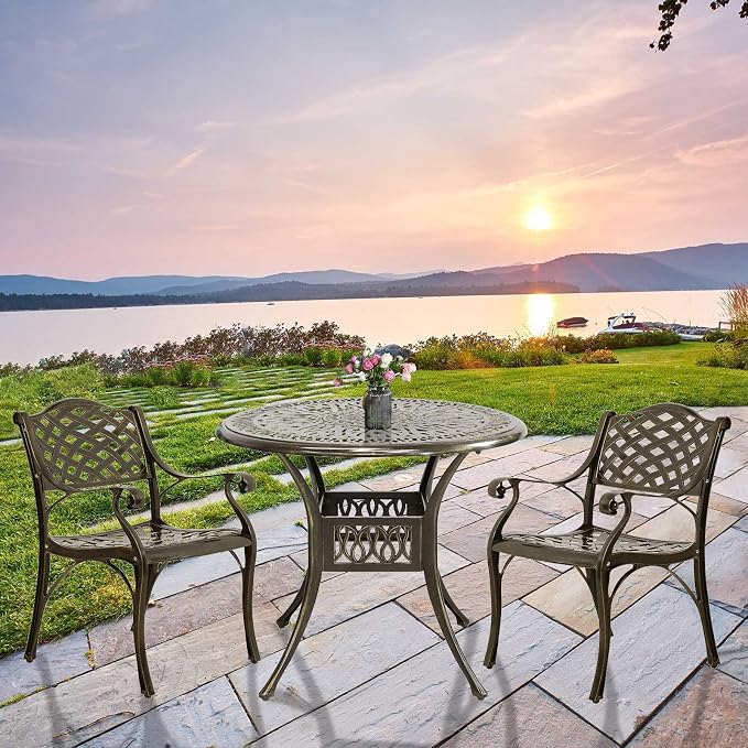 3-Piece Outdoor Patio Dining Set, All-Weather Cast Aluminum Patio Furniture Set for Backyard Garden Deck with 2 Chairs and 35.4” Round Table, 2" Umbrella Hole