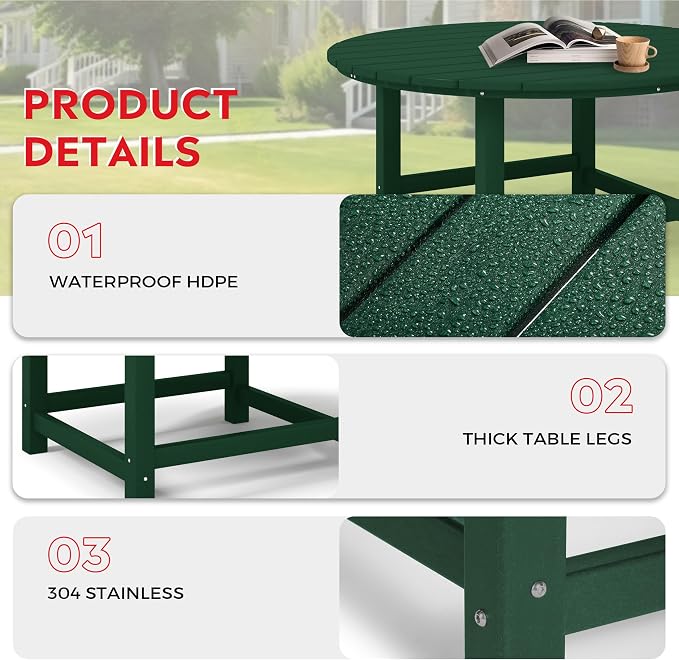 Costaelm Patio Conversation Set, Outdoor Chairs Set of 5 Balcony Firepit Furniture Outdoor Adirondack Round Table and Chair Backyard Furniture Set for Lawn Porch Pool Garden, Dark Green