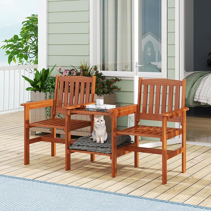 Tangkual Outdoor Wood Bench Loveseat with Built-in Table with1.57 Umbrella Hole, 2-Seater Outdoor Patio Furniture Set for Porch, Deck, Garden and Backyard
