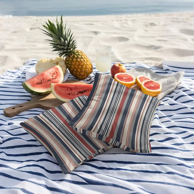 Red Blue Beige Outdoor Pillow Covers 20x20 Inch Throw Pillow Covers Set of 2 Waterproof Decorative Pillow Cases Boho Retro Colorful Abstract Striped Cushion Covers for Patio Furniture Garden Couch