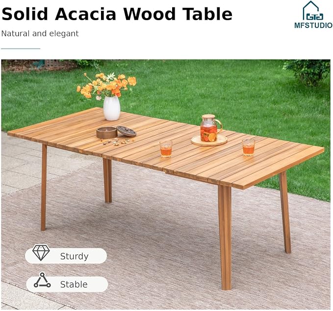 MFSTUDIO 9-Piece Patio Dining Set, Rectangular Teak Wood Table, Seats 8 | Expandable Table
