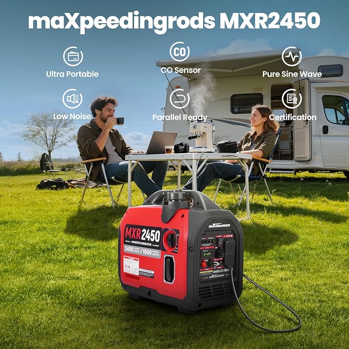 maXpeedingrods 2450 Watt Portable Inverter Generator for Camping, Home | MXR2450 Small Generator 17kg, Gas Powered, CO Sensor, RV Ready, Parallel & ECO Function Available, w/PGMA EPA UL 2201, Quiet