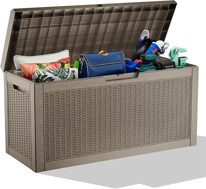 ROJIK 79 Gallon Outdoor Deck Box, Resin Waterproof Storage Box, weatherproof Deck Boxes Outdoor, Sturdy Deck Box for Furniture Cushions & Gardening Tools (Grey)