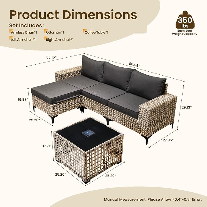 Patio Furniture Set, 5 Pieces Outdoor Wicker Conversation Sets with Coffee Table Outdoor Sectional Sofa for Balcony Backyard Poolside Garden Lawn (Black)
