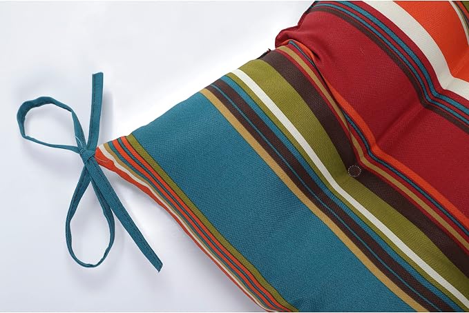 Pillow Perfect Stripe Indoor/Outdoor Chair Seat Cushion with Ties, Tufted, Weather, and Fade Resistant, 18.5" x 19", Red/Brown Westport, 2 Count