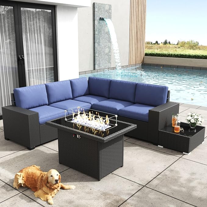 Patio Furniture Set with Fire Pit Table, 7 Pieces Outdoor All-Weather Wicker Conversation Sectional Chair Sofa Set
