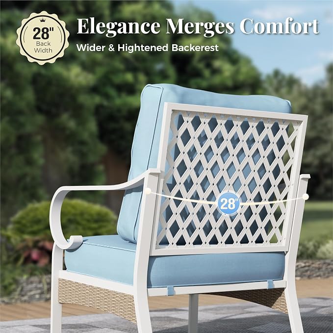 4 Piece Metal Patio Furniture Set, 5-Seat All Weather Outdoor Conversation Set with 3-Seat Sofa & 2 Fixed Chairs & 47'' Coffee Table, Outdoor Furniture Set for Backyard, Deck, Garden, White/Blue
