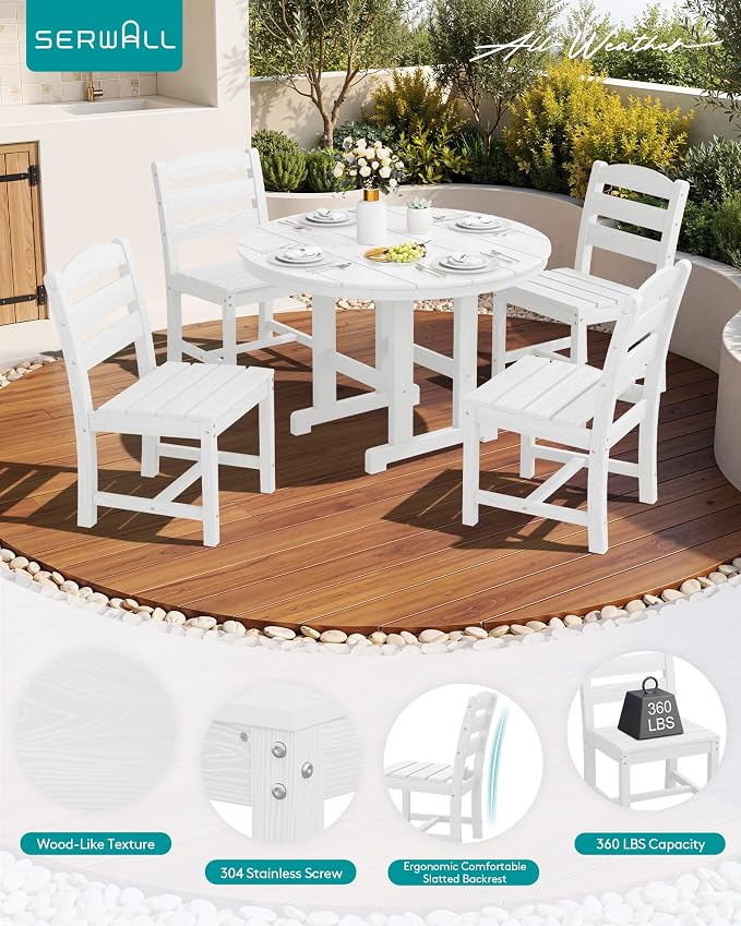 SERWALL 6-Piece Patio Dining Sets, HDPE Outdoor Table and Chairs Furniture Set with Umbrella, 45" Round Dining Table & 4 Armless Dining Chairs & 1 9FT Umbrella, White(Not Include Umbrella Base)