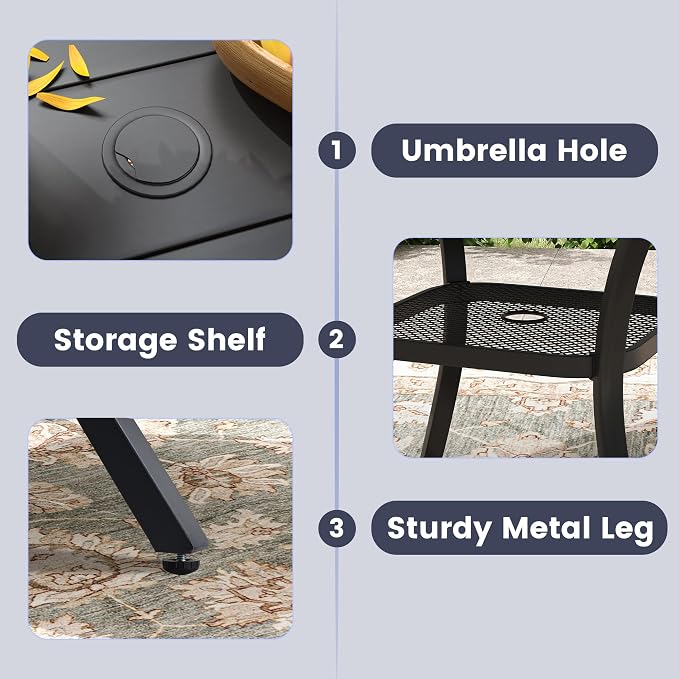 VICLLAX Round Patio Dining Set for 6, Metal Slatted Patio Table with Umbrella Hole and Stackable Patio Chairs for Deck Lawn Garden, Black Fabric and Black Tabletop